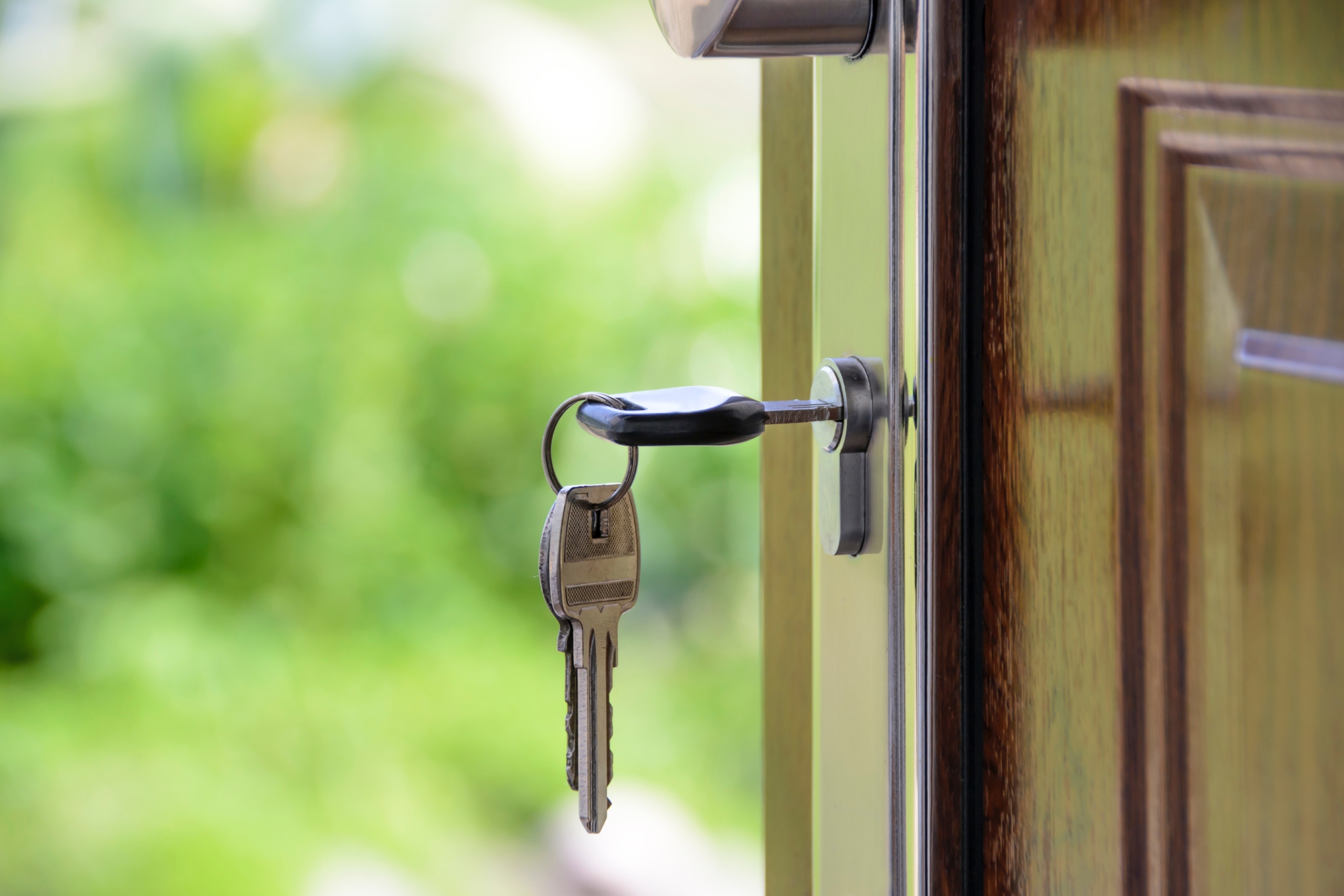 Key in lock of door that's open. Green garden out of focus in abckground.