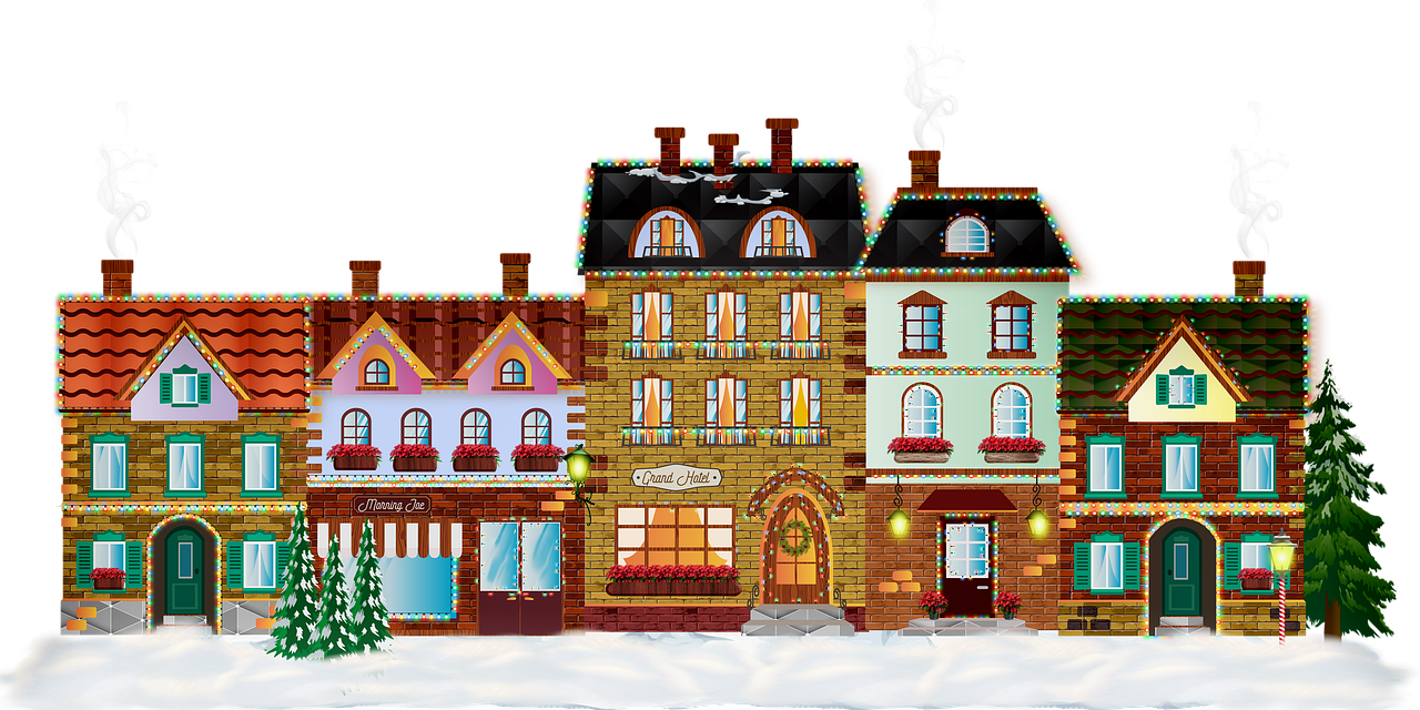 Drawing of the front view of a small highstreet with lots of different building in different sixes, styles and colours with a green Christmas tree at the end of the street.